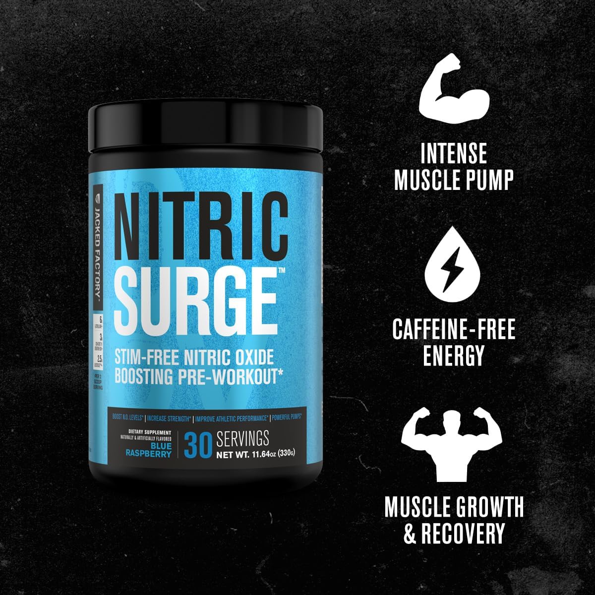 JACKED FACTORY Nitric Surge Stim Free Pre Workout Powder - Caffeine Free Nitric Oxide Supplement w/Con-Cret Creatine, L Citrulline, & GlycerSize Glycerol for Pumps & Muscular Hydration I 30 Servings