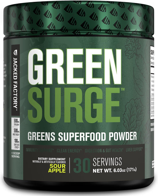 Jacked Factory Green Surge Superfood Powder- Keto Friendly Greens Drink w/Spirulina, Wheat & Barley Grass, Organic Greens - Green Tea Extract, Probiotics & Digestive Enzymes 30Servings
