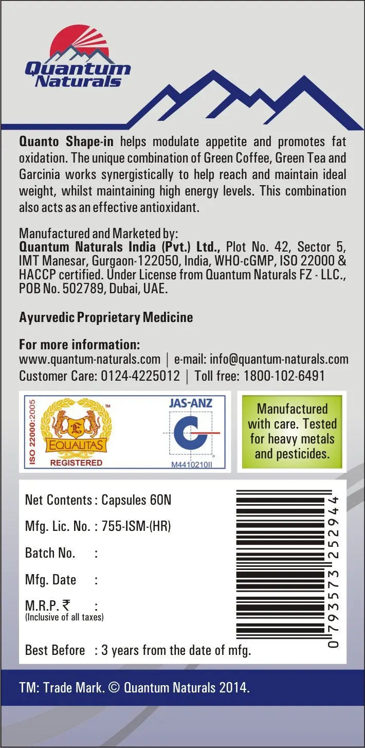 QUANTO SHAPE-IN CAPSULES 60 CAP - Muscle & Strength India - India's Leading Genuine Supplement Retailer