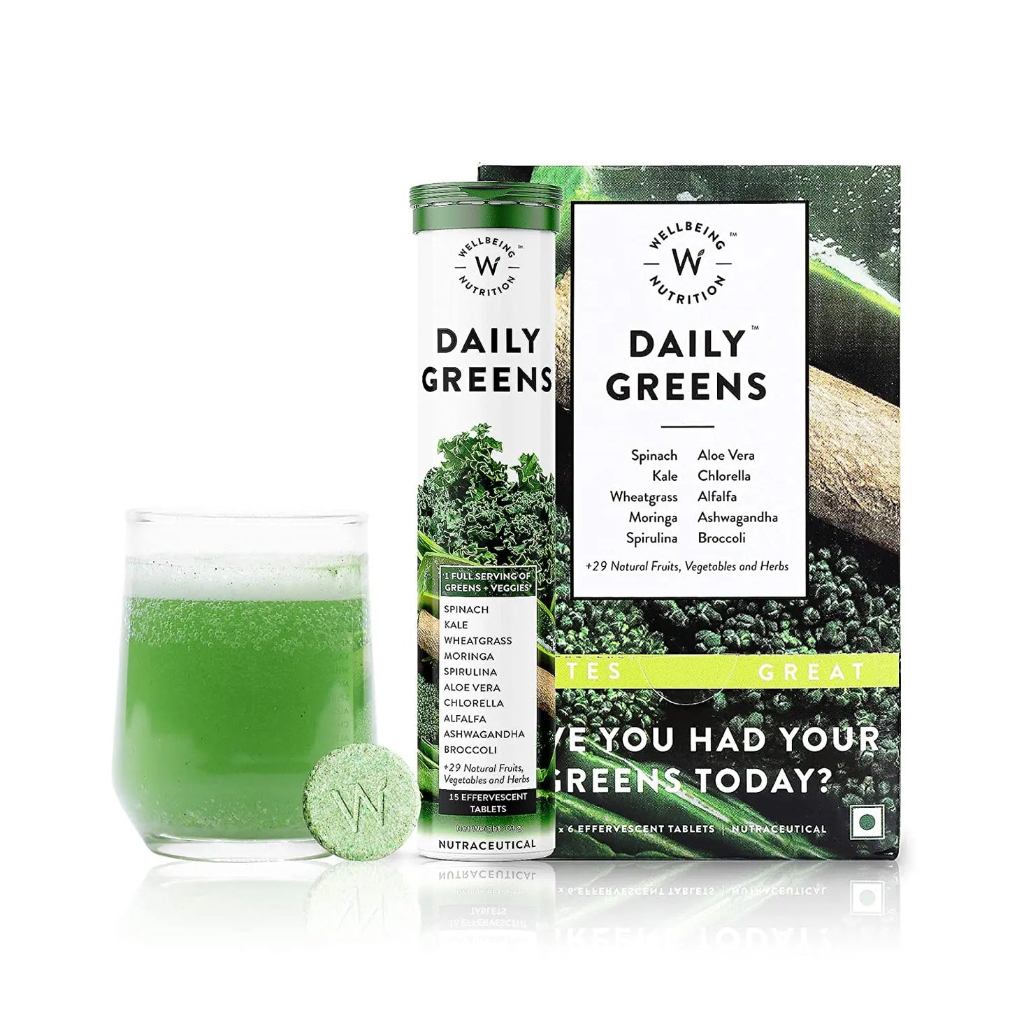 Wellbeing Nutrition Daily Greens, Whole food Multivitamin & Multi-Mineral for Immunity and Detox with 39+ Organic Plant (15 Effervescent Tablets) - Muscle & Strength India - India's Leading Genuine Supplement Retailer