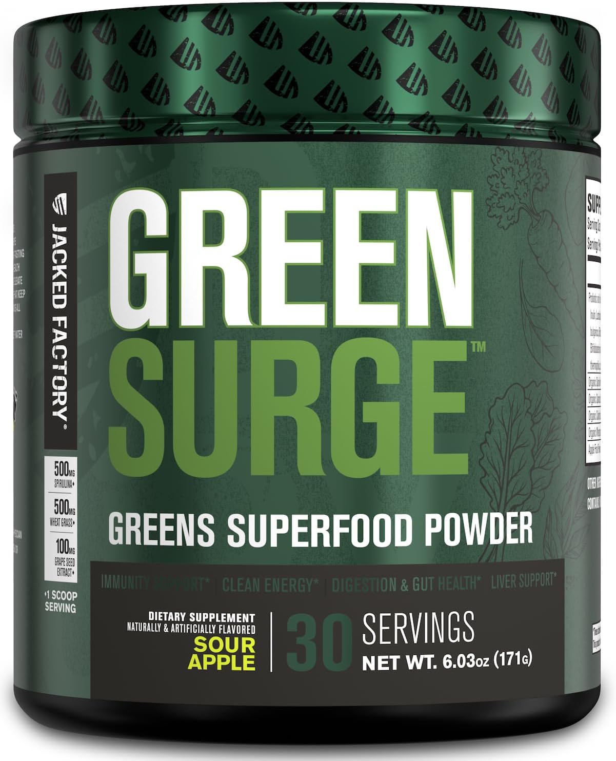 Jacked Factory Green Surge Superfood Powder- Keto Friendly Greens Drink w/Spirulina, Wheat & Barley Grass, Organic Greens - Green Tea Extract, Probiotics & Digestive Enzymes 30Servings