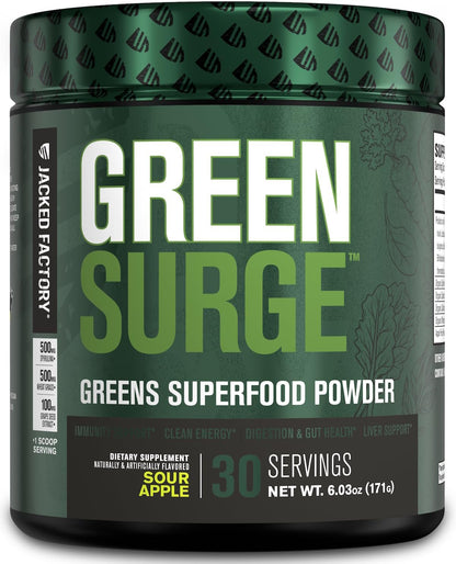 Jacked Factory Green Surge Superfood Powder- Keto Friendly Greens Drink w/Spirulina, Wheat & Barley Grass, Organic Greens - Green Tea Extract, Probiotics & Digestive Enzymes 30Servings