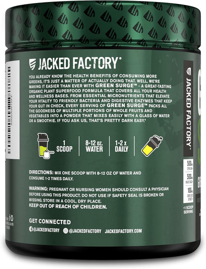 Jacked Factory Green Surge Superfood Powder- Keto Friendly Greens Drink w/Spirulina, Wheat & Barley Grass, Organic Greens - Green Tea Extract, Probiotics & Digestive Enzymes 30Servings