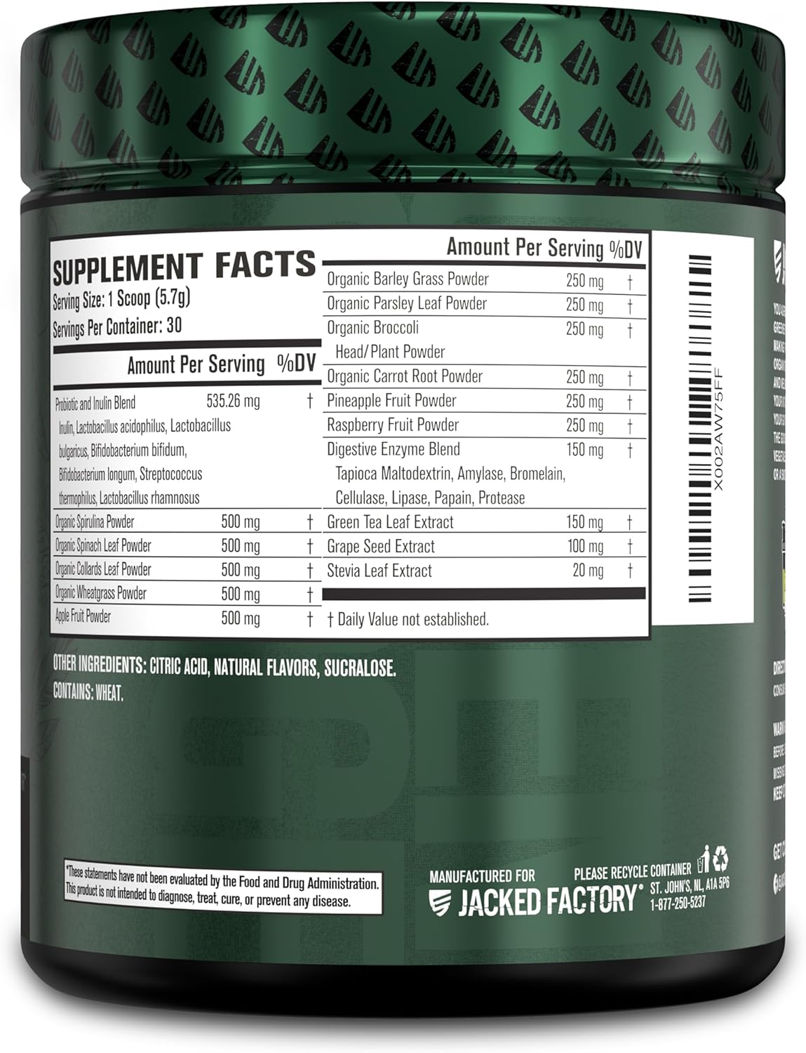 Jacked Factory Green Surge Superfood Powder- Keto Friendly Greens Drink w/Spirulina, Wheat & Barley Grass, Organic Greens - Green Tea Extract, Probiotics & Digestive Enzymes 30Servings