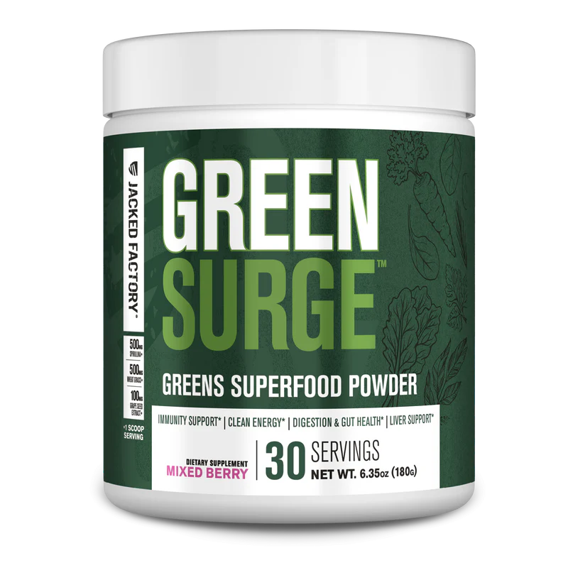 Jacked Factory Green Surge Superfood Powder- Keto Friendly Greens Drink w/Spirulina, Wheat & Barley Grass, Organic Greens - Green Tea Extract, Probiotics & Digestive Enzymes 30Servings