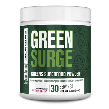 Jacked Factory Green Surge Superfood Powder- Keto Friendly Greens Drink w/Spirulina, Wheat & Barley Grass, Organic Greens - Green Tea Extract, Probiotics & Digestive Enzymes 30Servings