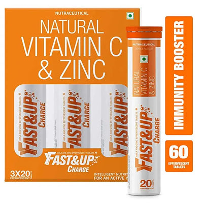 Fast&Up Charge - Vitamin C antioxidant 1000 mg - Natural Amla for Immunity - 20 Effervescent Tablets - Orange flavor