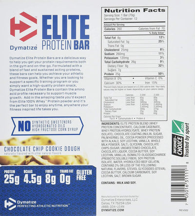 DYMATIZE ELITE PROTEIN BAR CHOCOLATE CHIP COOKIE DOUGH 70G - Muscle & Strength India - India's Leading Genuine Supplement Retailer